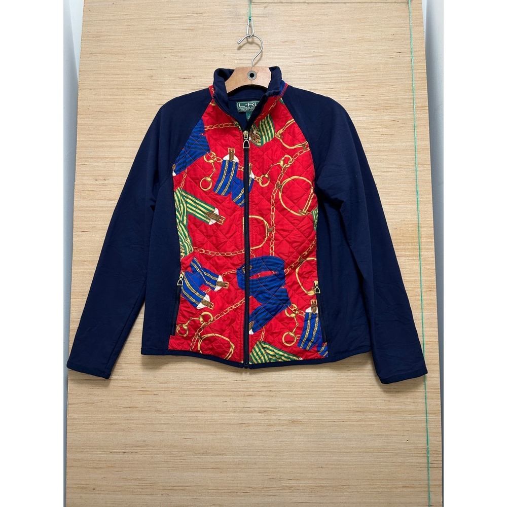 Lauren Active Ralph‎ Lauren Equestrian Chain Print Quilted Zip Jacket Navy Red L